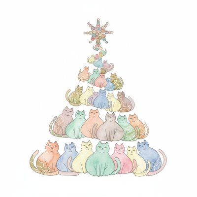  a whimsical christmas tree made of cats, with many small cats stacked on top to form the shape of an xmas star, white background, simple watercolor style, minimalism, pastel tones, simple details, hand-drawn illustration, pasted picture, simple lines, simple drawing style, white background, white space