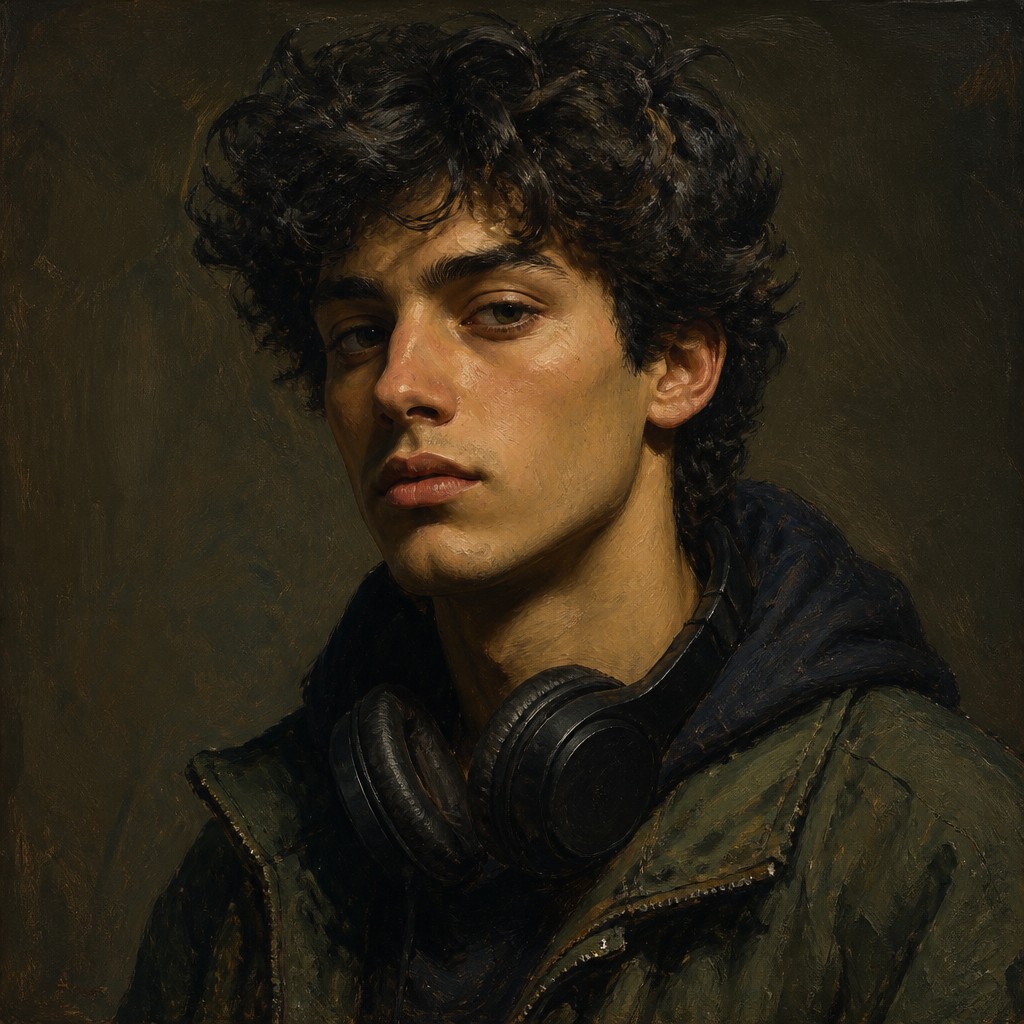 head-and-shoulders portrait of an original character: a young man with curly dark hair and headphones around his neck, plain backdrop, no text