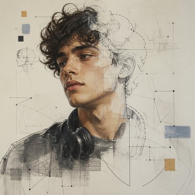 head-and-shoulders portrait of an original character: a young man with curly dark hair and headphones around his neck, plain backdrop, no text