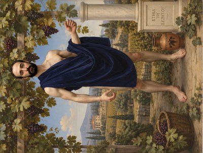 a painting of a man in a blue dress