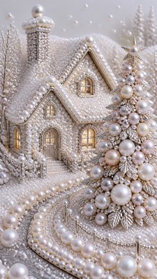 a snow-covered cottage with warm glowing windows beside a decorated pine tree, gentle snowfall, no text