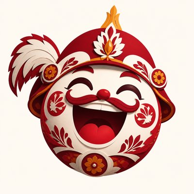 an exaggerated laughing face of an original round mascot character, bold and readable at small size, plain background, no text