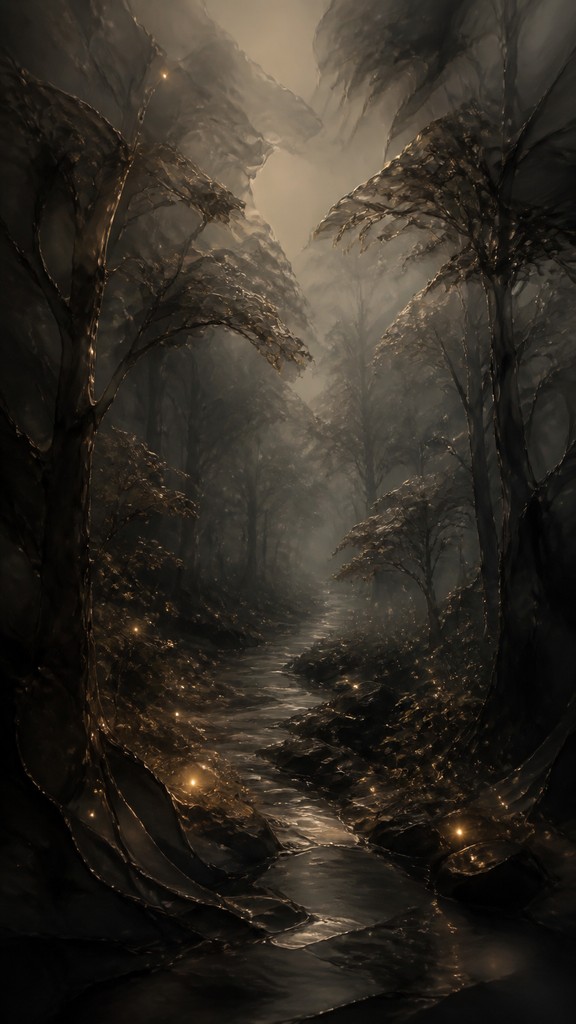 a mysterious forest path with fireflies and drifting mist, atmospheric vertical composition with open space at the top, no text