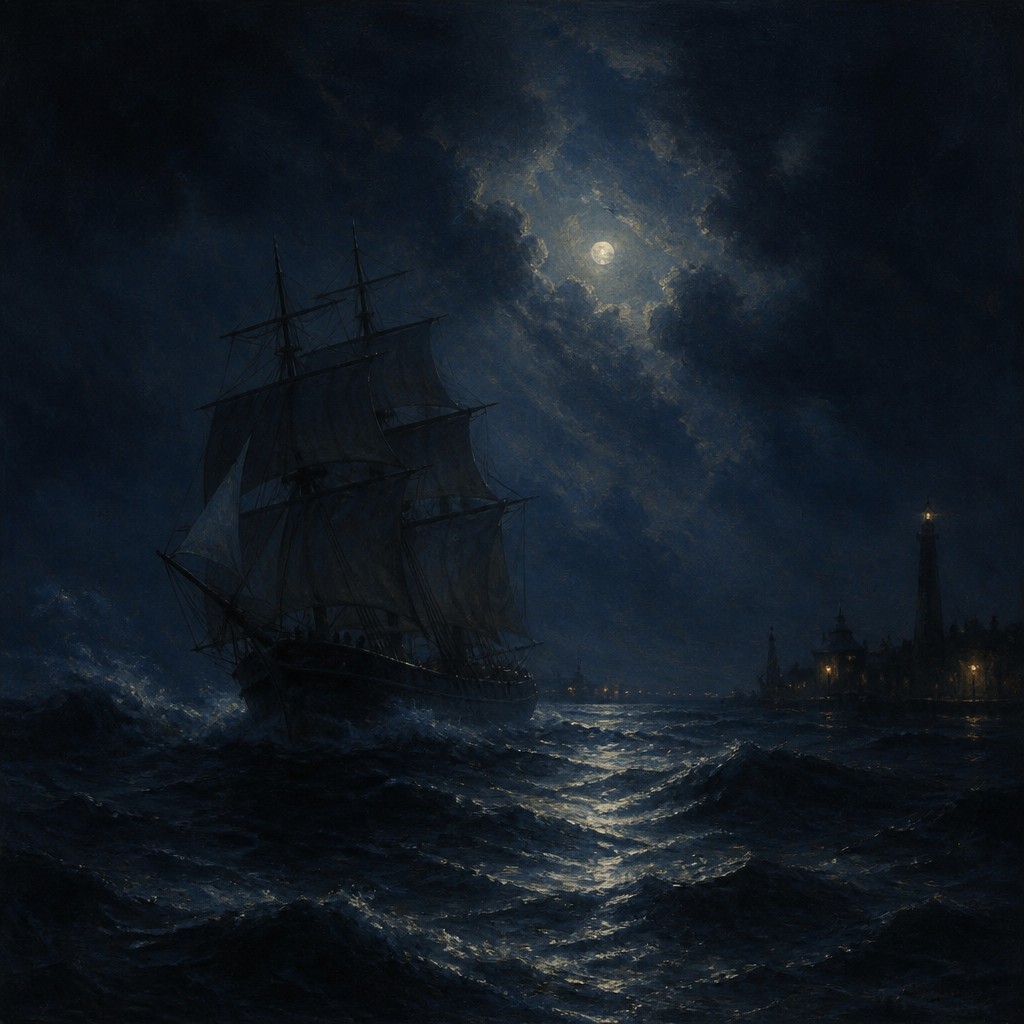 sailing ship on a stormy sea — Nocturne Painting Style
