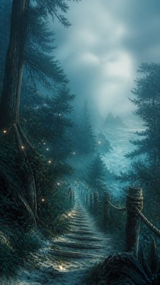 a mysterious forest path with fireflies and drifting mist, atmospheric vertical composition with open space at the top, no text
