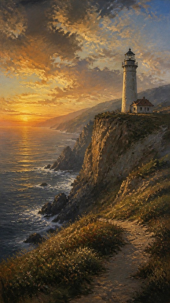 a lone lighthouse on a cliff at dusk under a dramatic sky, no text or lettering