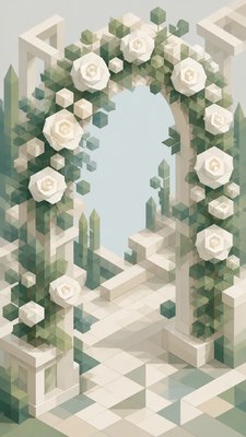 an arch of white roses and eucalyptus in soft morning light, elegant vertical composition with open space, no text