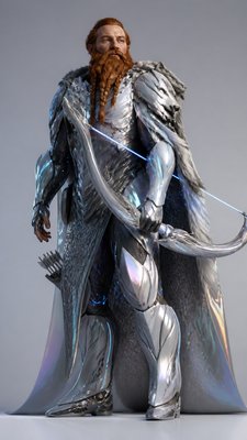 full-body original character: a dwarven ranger with a braided auburn beard, worn leather armor, a longbow and a wolf-pelt cloak, neutral background, no text