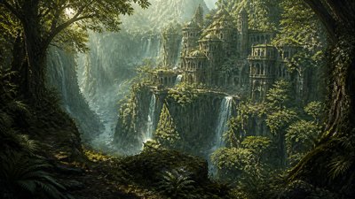 a cliffside city with waterfalls cascading into a misty canyon, wide establishing shot, no people, no text