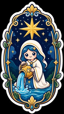 a robed figure pouring water beneath a large eight-pointed star in a night sky, symmetrical composition with an ornate decorative border, no text