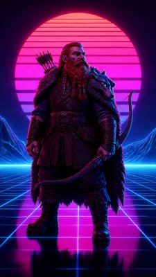 full-body original character: a dwarven ranger with a braided auburn beard, worn leather armor, a longbow and a wolf-pelt cloak, neutral background, no text