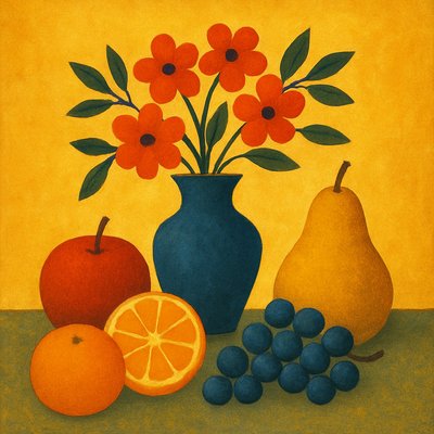 still life arrangement of fruits and flowers