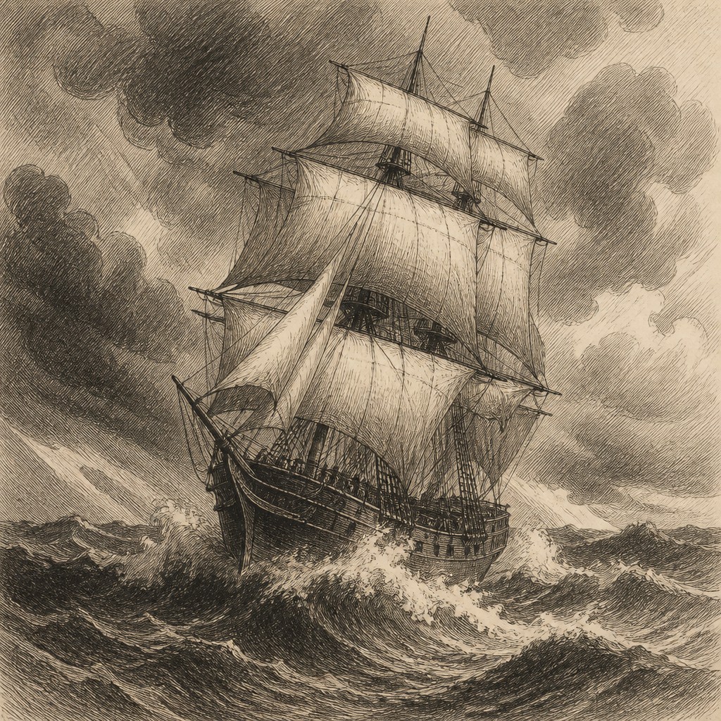 sailing ship on a stormy sea — Hatching Drawing Style