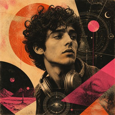 head-and-shoulders portrait of an original character: a young man with curly dark hair and headphones around his neck, plain backdrop, no text