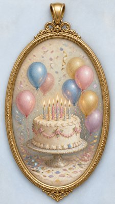 a birthday cake with lit candles surrounded by balloons and confetti, festive vertical composition, no text
