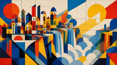 a cliffside city with waterfalls cascading into a misty canyon, wide establishing shot, no people, no text