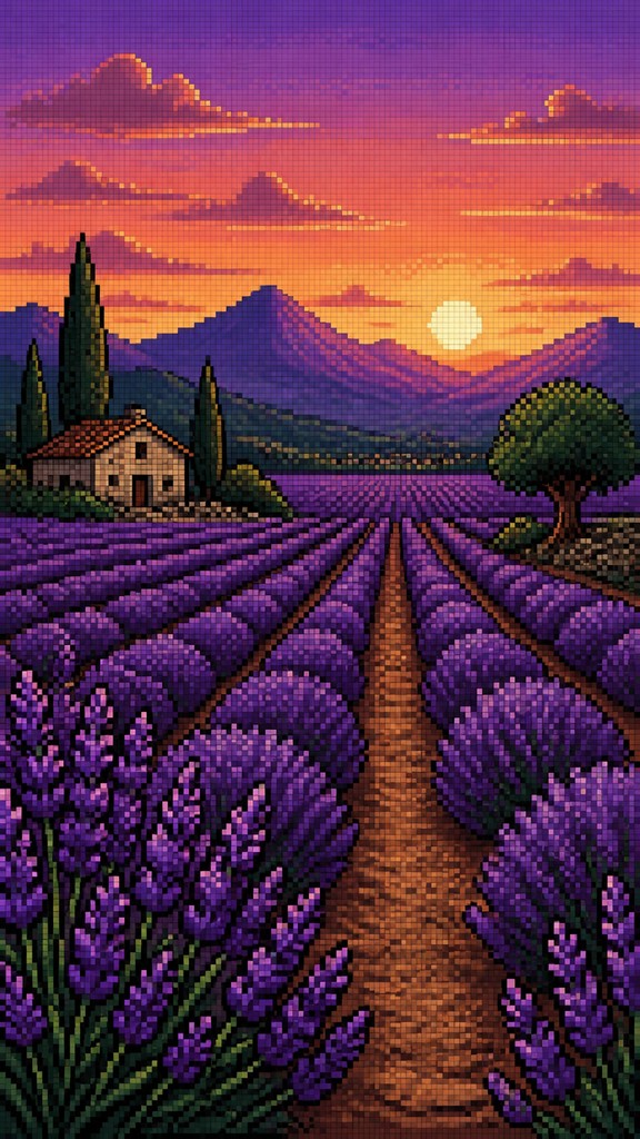 a field of lavender stretching to distant hills at dusk, no people