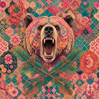 a roaring bear head above crossed pine branches, bold graphic composition on a plain background, no text