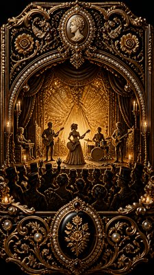 a live music scene with a glowing stage and silhouetted crowd, energetic vertical composition with open space at the top, no text