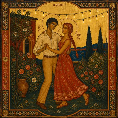 an original couple dancing under string lights in a garden at dusk: a man with short black hair in a linen shirt and a woman with braided red hair in a summer dress