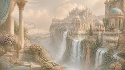 a cliffside city with waterfalls cascading into a misty canyon, wide establishing shot, no people, no text