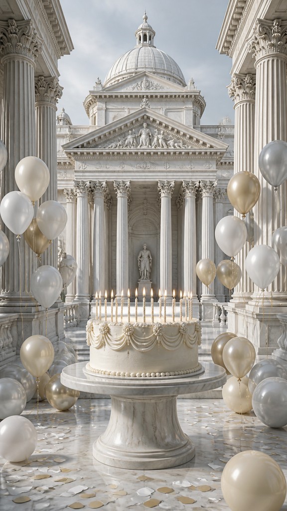 a birthday cake with lit candles surrounded by balloons and confetti, festive vertical composition, no text