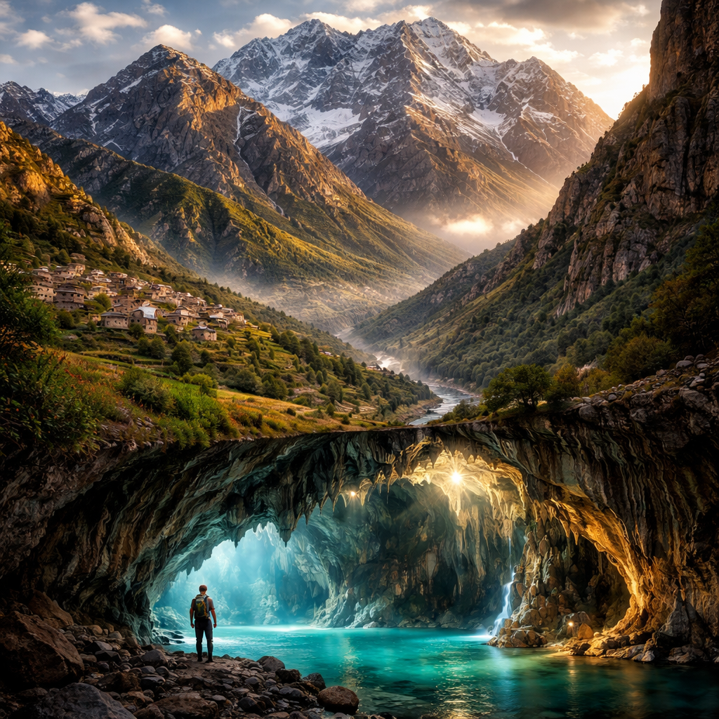 Epic cinematic landscape of the majestic Shaho mountain range in western Iran, part of the central Zagros Mountains, towering rugged limestone peaks rising to over 3400 meters with snow-capped summits at Havi Khani peak, dramatic steep ridges and deep valleys, lush green slopes in spring with wildflowers and scattered oak forests, Kurdish villages with stone houses clinging to terraced hillsides in the foreground near the Sirwan River valley, golden hour sunlight casting long shadows and warm glow on the rocky cliffs, misty atmosphere, ultra-detailed, photorealistic --ar 16:9 --v 6 --q 2
In the lower scene, seamlessly integrate an entrance to the ancient Quri Qala water cave at the foothills of Shaho, glowing turquoise underground river flowing through massive cavern mouth, crystal-clear water reflecting stalactites and stalagmites, illuminated chambers with sparkling mineral formations, dripping water, natural blue-green lighting from within the cave, adventurous explorer figure with headlamp standing at the entrance gazing in awe, mysterious and enchanting atmosphere, high contrast between the bright mountain exterior and the ethereal glowing cave interior, masterpiece, highly detailed, National Geographic style photography"