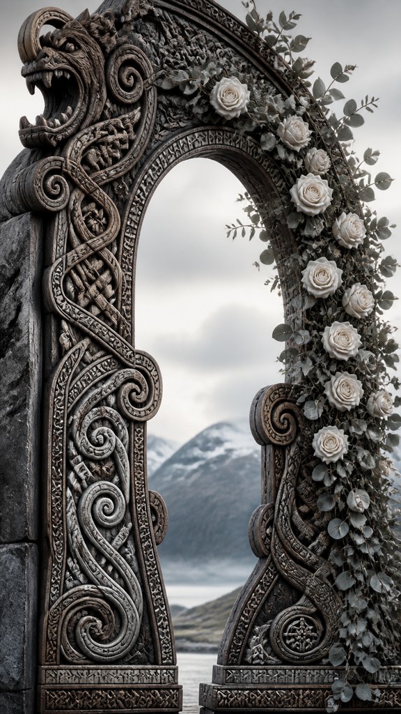 an arch of white roses and eucalyptus in soft morning light, elegant vertical composition with open space, no text