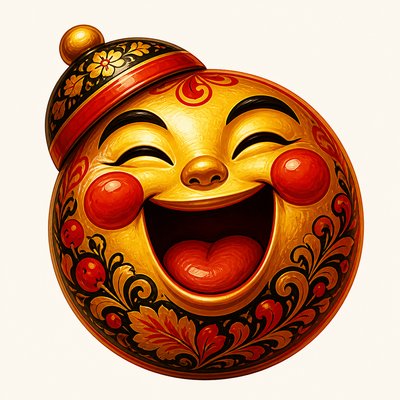 an exaggerated laughing face of an original round mascot character, bold and readable at small size, plain background, no text
