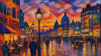 bustling city street panorama at dusk