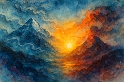 The monster (Mt. San Gorgonio) rises in the North, 	all hoary-frost above behemoth shoulders.  Snake-like clouds adorning her, I crane my neck, Gaze fixed past the big white house toward uplifted boulders.
And at the South, like his namesake martyr, Hyacinth (Mt. San Jacinto) has lost his head in cloud.  Burned bones against a blue backdrop
	he wears that legacy proud.  Between the two, another sunrise gleams and beams of brilliant, white-hot day flash forth:  Accentuate Sonora’s west extremes, and last night’s moon forgot to go away.