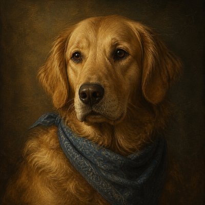 portrait of a golden retriever wearing a blue bandana, warm plain backdrop, no text