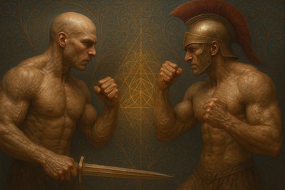 a painting of two men fighting each other