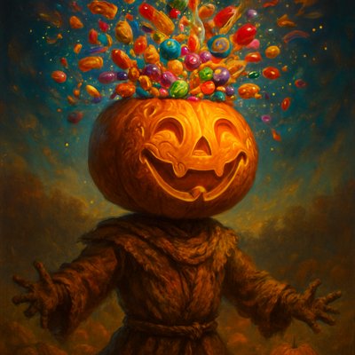 This sounds like a wonderfully whimsical and festive image! Combining the classic pumpkin head with a burst of candy and unique carving will make for a very creative Halloween or autumn piece.

Here's a prompt for a Happy Pumpkin Head Figure with Candy Bursting Out for ArtStyles.com:

Happy Pumpkin Head with Candy Burst Prompt

"A cheerful and fantastical figure with a large, glowing jack-o'-lantern for a head. The pumpkin's face is carved with a distinctly happy, friendly, wide-mouthed smile and joyful eyes. Instead of traditional jagged cuts, the facial features (eyes, nose, mouth) are intricately carved with elegant, swirling, vine-like patterns, giving it a whimsical and artistic look. The pumpkin head emits a warm, inviting orange glow from within.

Dramatically bursting and cascading out of the very top of the pumpkin's head is an overflowing abundance of vibrant, colorful Halloween candy. This candy explosion includes individually wrapped chocolates, lollipops, jelly beans, candy corn, and various brightly colored sweets, all tumbling outwards in a joyous, sugary fountain.

The figure itself has a rustic, scarecrow-like body, perhaps dressed in tattered but festive autumn-colored clothing (e.g., burlap, plaid, or warm browns and oranges), standing in an autumnal setting. The background could feature a gently lit pumpkin patch, fallen autumn leaves, or a soft, blurred evening sky. The lighting is warm and enchanting, highlighting the pumpkin's glow and the glossy sheen of the candy. The overall mood is one of festive joy, playful magic, and autumnal abundance."whimsical illustration, vibrant autumn colors, detailed candy textures, glowing effects, playful character design, festive atmosphere