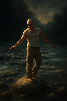 a man standing on top of a rock in the water