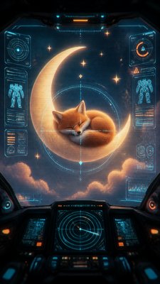 a sleeping baby fox curled on a crescent moon among soft stars, gentle and warm, no text