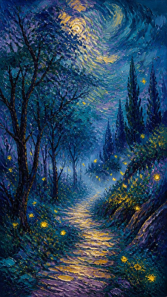 a mysterious forest path with fireflies and drifting mist, atmospheric vertical composition with open space at the top, no text