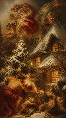 a snow-covered cottage with warm glowing windows beside a decorated pine tree, gentle snowfall, no text