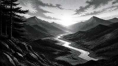 a vast valley with a river winding toward distant mountains at sunrise, no people, no text