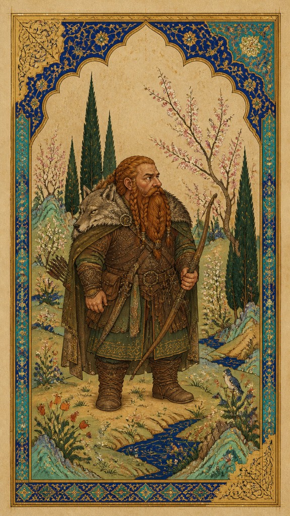 full-body original character: a dwarven ranger with a braided auburn beard, worn leather armor, a longbow and a wolf-pelt cloak, neutral background, no text