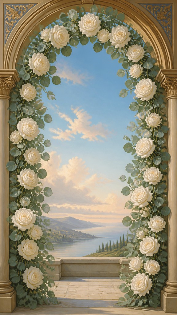 an arch of white roses and eucalyptus in soft morning light, elegant vertical composition with open space, no text