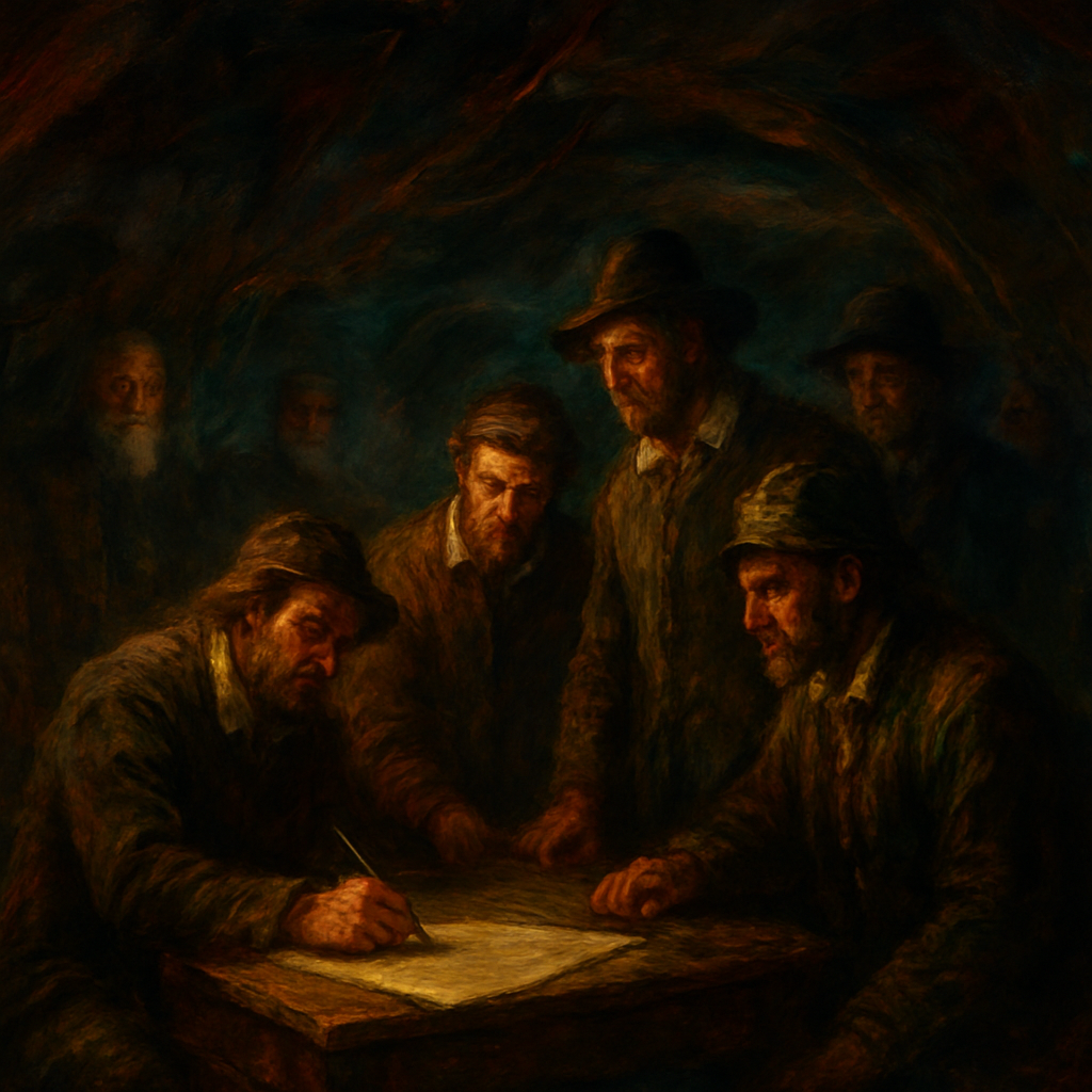 A historically accurate and atmospheric depiction of the signing of the Mayflower Compact aboard the ship in November 1620. The scene is set in the dimly lit, cramped cabin of the Mayflower, with the ship's timbers and rigging subtly visible, conveying the challenging conditions of the voyage. A simple table or chest serves as the signing surface. The primary focus is on a small group of the last individuals signing the document: specifically, the indentured servants (or 'strangers' not directly part of the Separatist congregation) approaching or at the table. Their expressions show a mix of weary determination, understanding of the necessity, and perhaps a hint of quiet apprehension or resignation to this new social contract, given their status. They are dressed in the plain, practical clothing typical of 17th-century commoners and laborers. Figures of prominent Pilgrims or 'Saints' (like William Bradford or John Carver) are visible in the background, observing the proceedings with a sense of gravity and leadership, but they are not the central focus. The lighting is low and warm, perhaps from a lantern, creating a chiaroscuro effect that highlights the faces of the signers. The atmosphere conveys the momentousness of the act under difficult circumstances, the diverse composition of the group, and the early seeds of self-governance in a new world. The artistic style is a realistic, historically detailed oil painting, capturing the solemnity and human element of this pivotal historical moment."