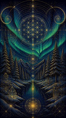 a snowy pine forest under the northern lights, no people