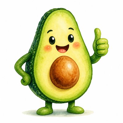 a happy avocado character giving a thumbs up, bold readable design on a plain background, no text