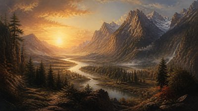 a vast valley with a river winding toward distant mountains at sunrise, no people, no text