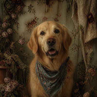 portrait of a golden retriever wearing a blue bandana, warm plain backdrop, no text