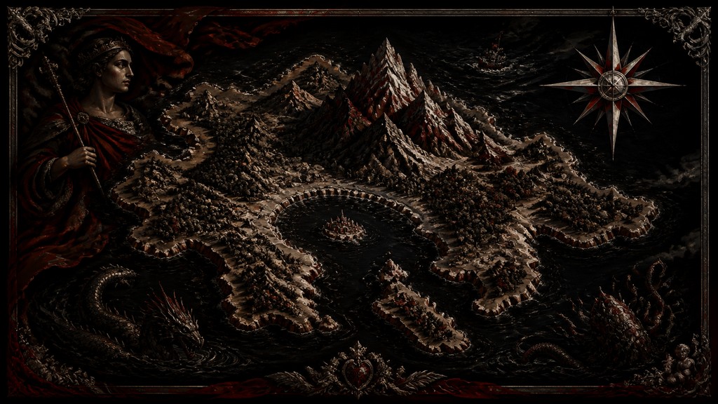 a map of an island realm with mountains, forests, a sheltered bay, sea monsters in the water and a compass rose, no text labels