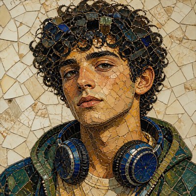head-and-shoulders portrait of an original character: a young man with curly dark hair and headphones around his neck, plain backdrop, no text