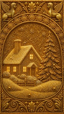a snow-covered cottage with warm glowing windows beside a decorated pine tree, gentle snowfall, no text