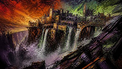 a cliffside city with waterfalls cascading into a misty canyon, wide establishing shot, no people, no text